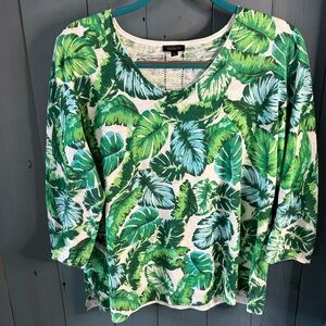 Talbots Tropical Green Leaf Print 3/4 Sleeve Top | Size Large